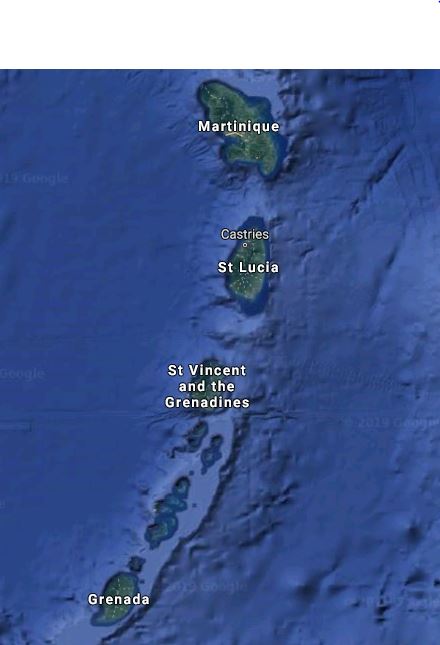 Map of the Windward Islands. Airports are on Martinique, St. Lucia, St. Vincent and Grenada